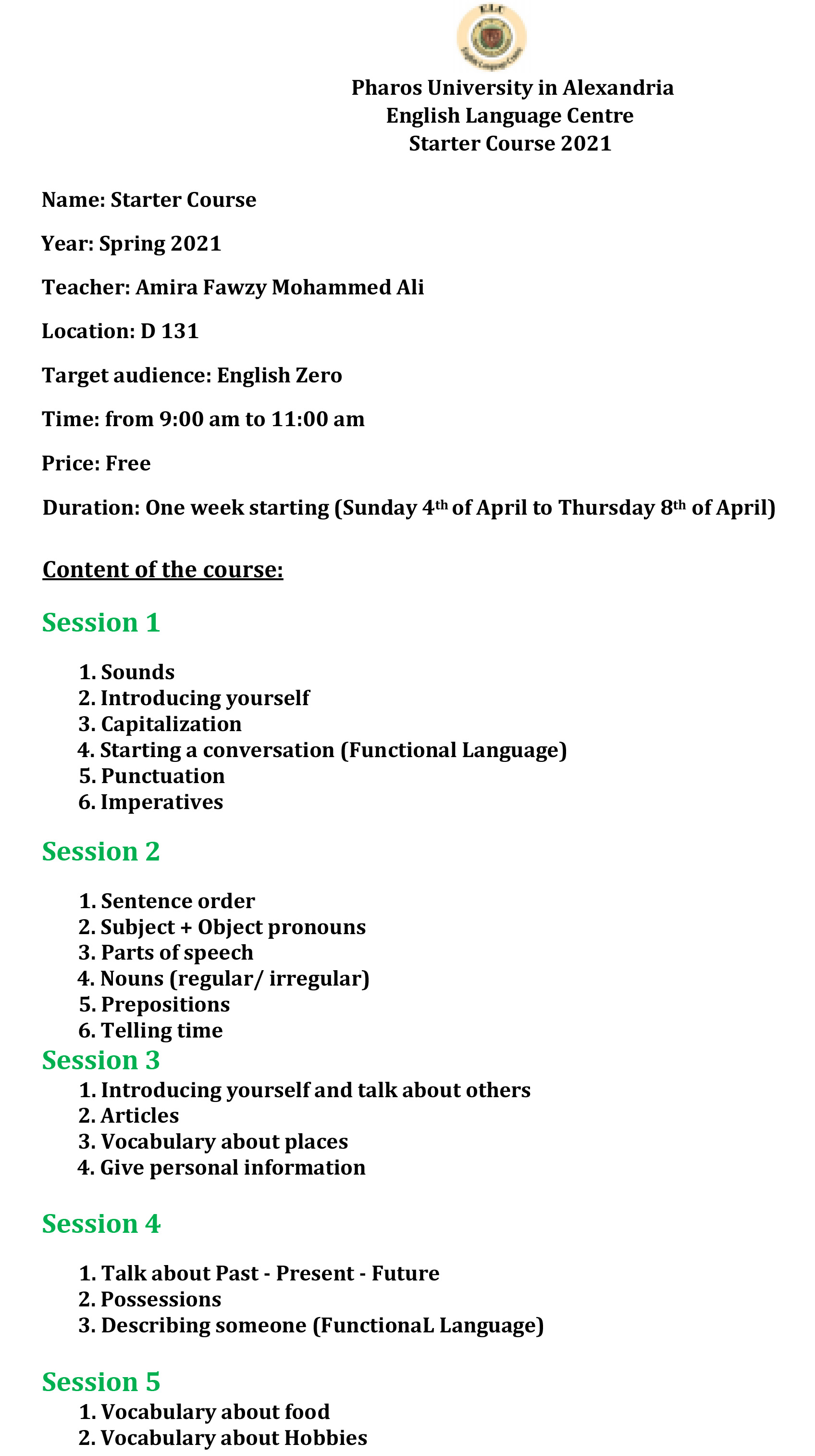 Starter Course Pharos University in Alexandria